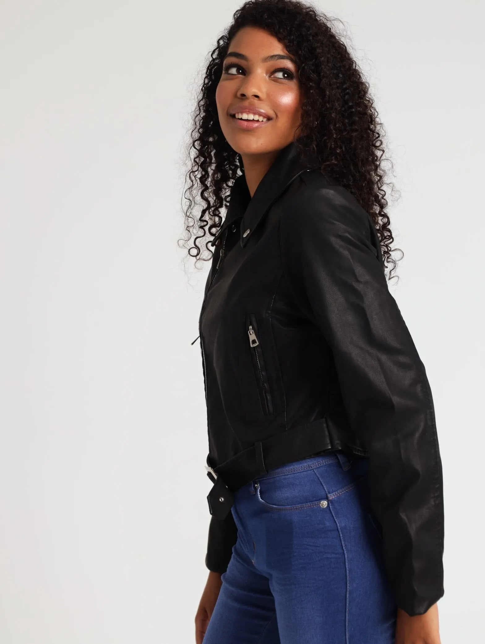 Ladies Pu Belted Rider Jacket - Black