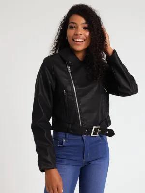 Ladies Pu Belted Rider Jacket - Black