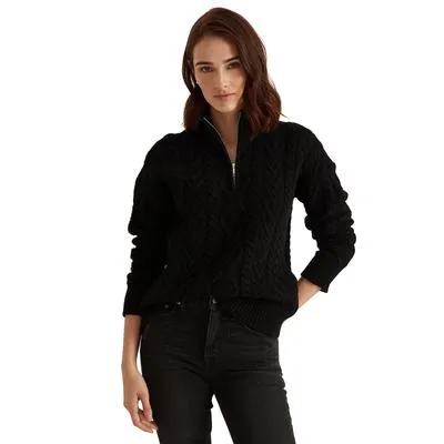 Lauren Ralph Lauren Womens Black Cable Knit Quarter Zip Sweater Size L