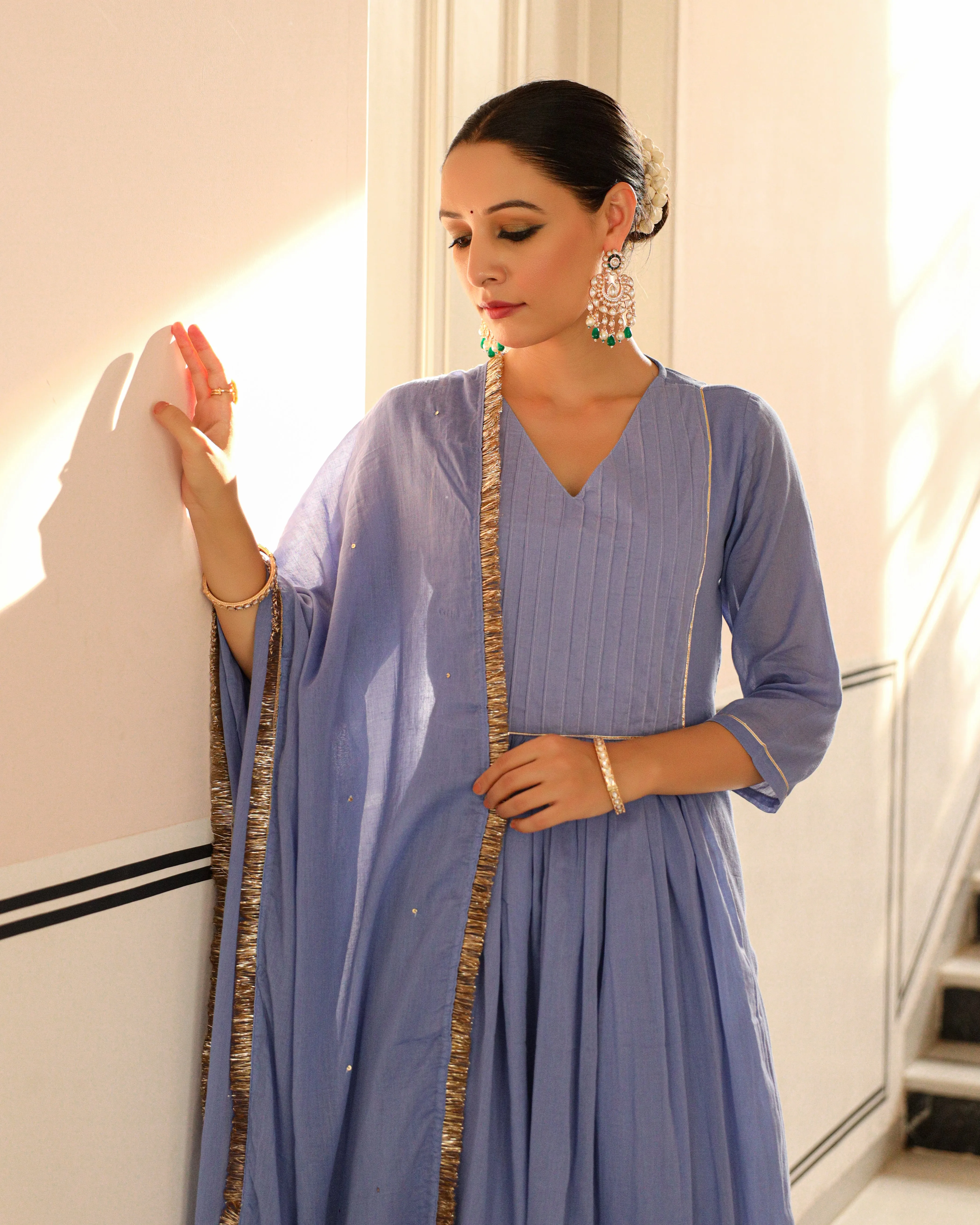 Lavender blue pintucks mulmul cotton kurta set with trousers and dupatta
