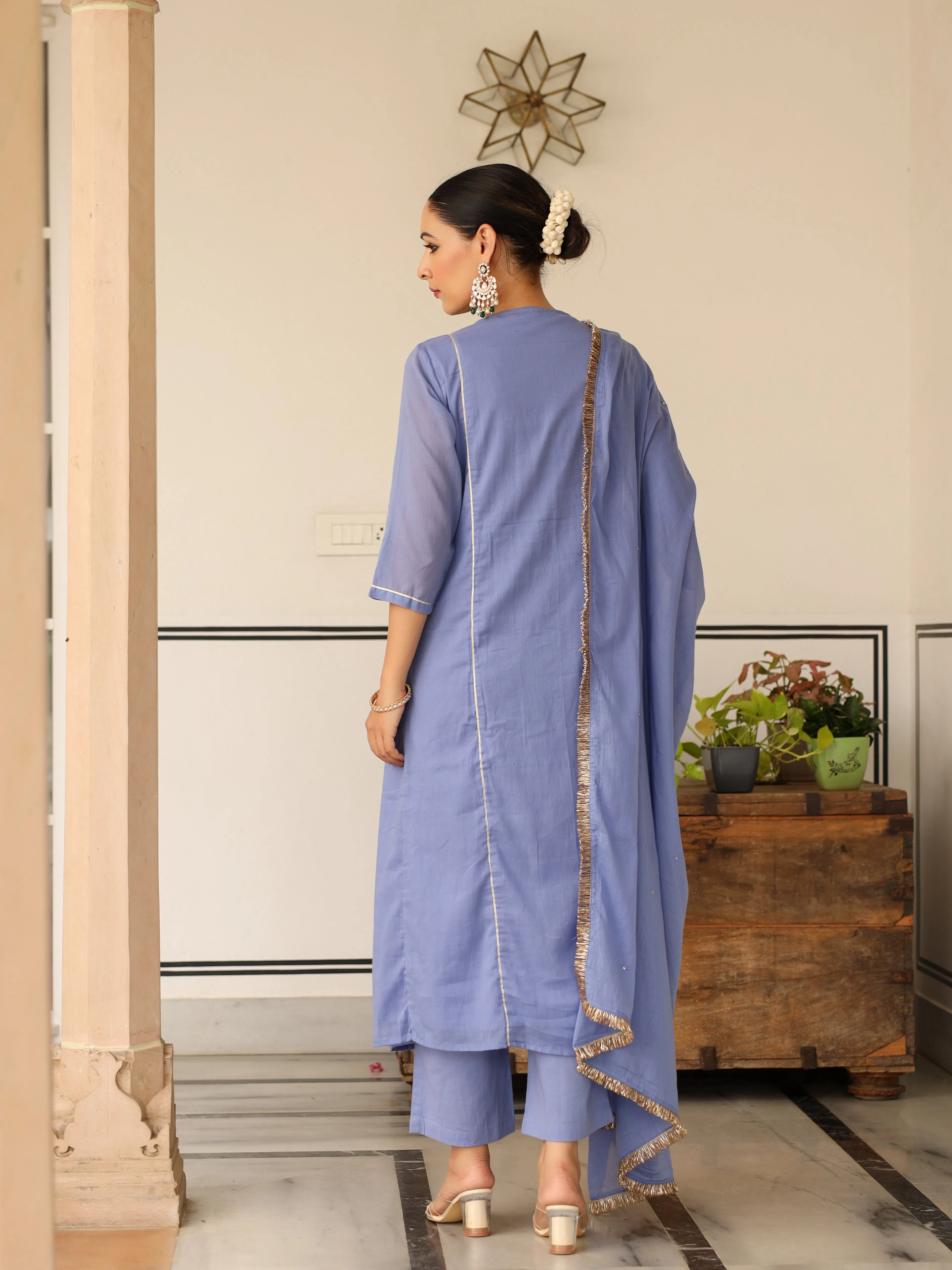 Lavender blue pintucks mulmul cotton kurta set with trousers and dupatta