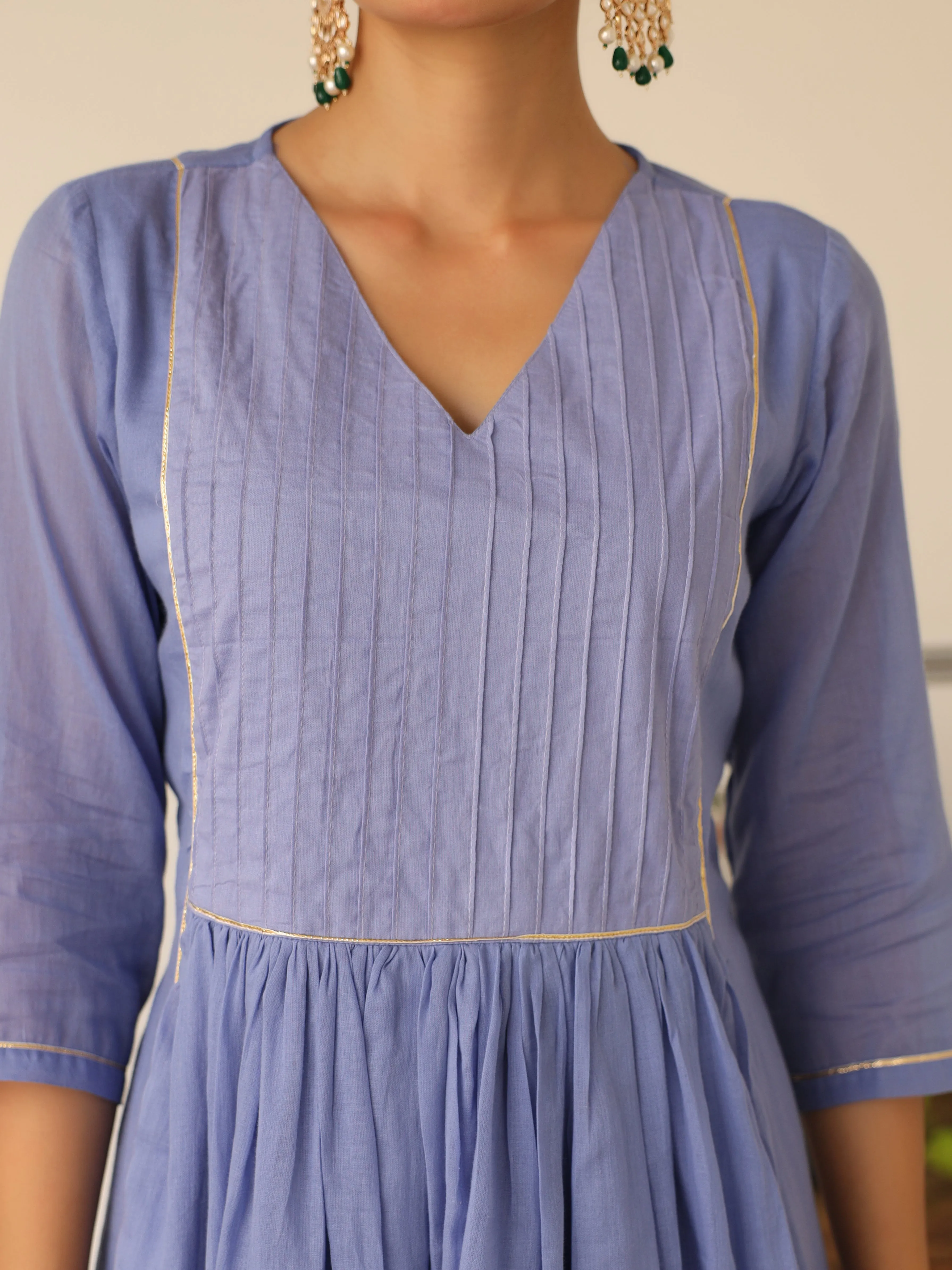 Lavender blue pintucks mulmul cotton kurta set with trousers and dupatta