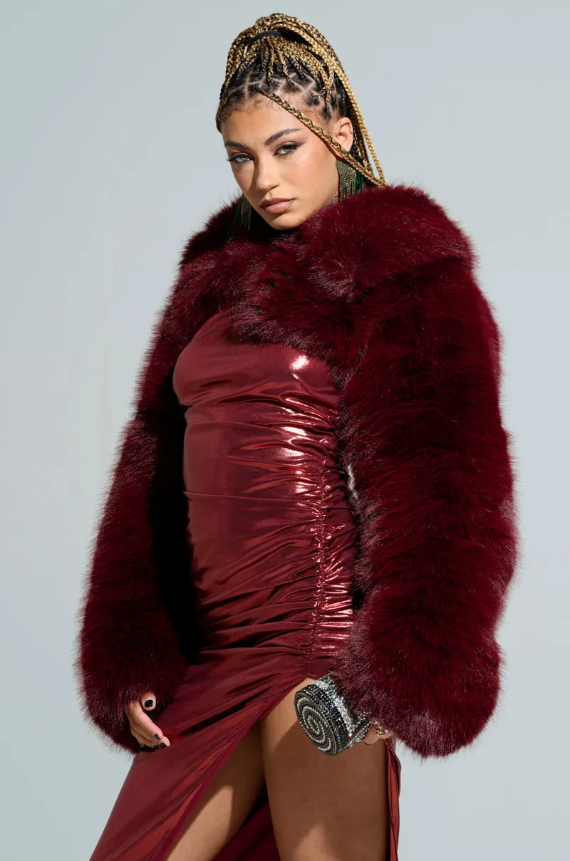 LEILA ULTRA CROP FAUX FUR IN BURGUNDY
