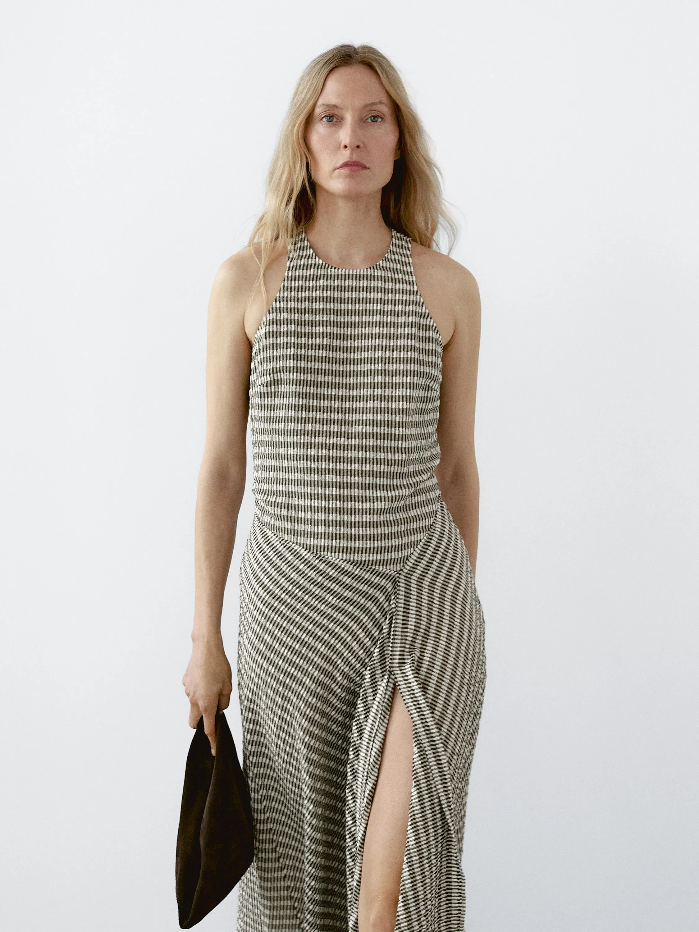 Long check cotton flounce dress