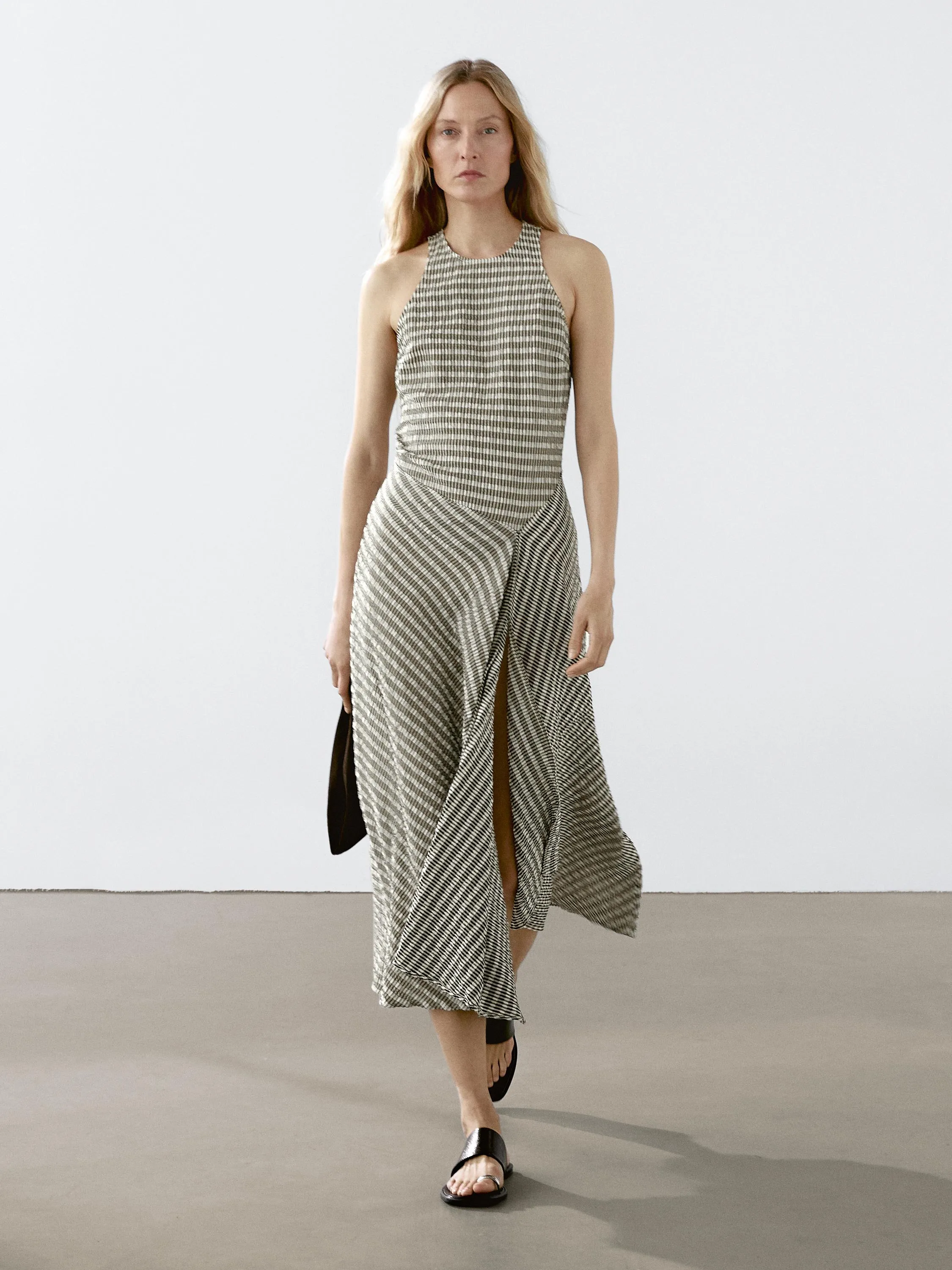 Long check cotton flounce dress