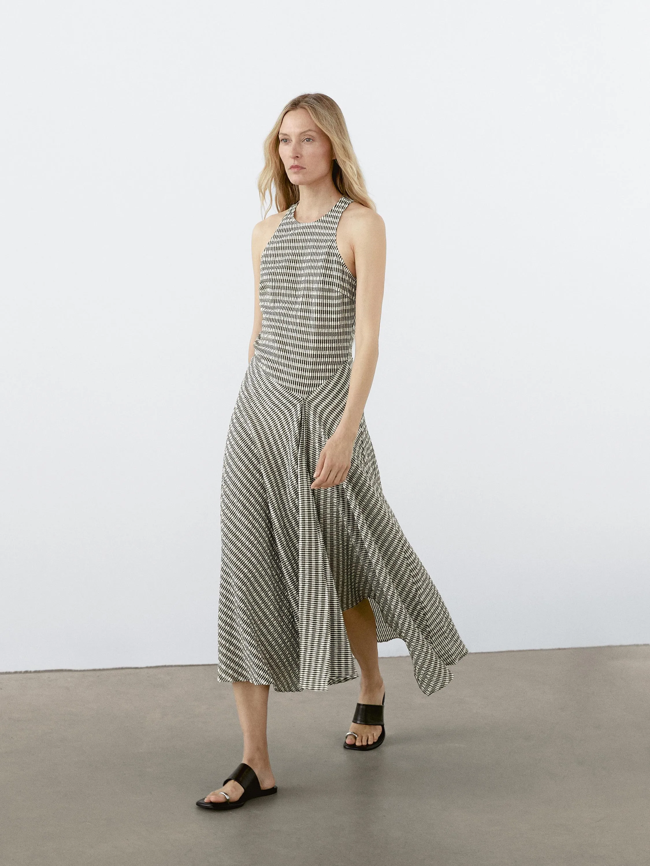 Long check cotton flounce dress