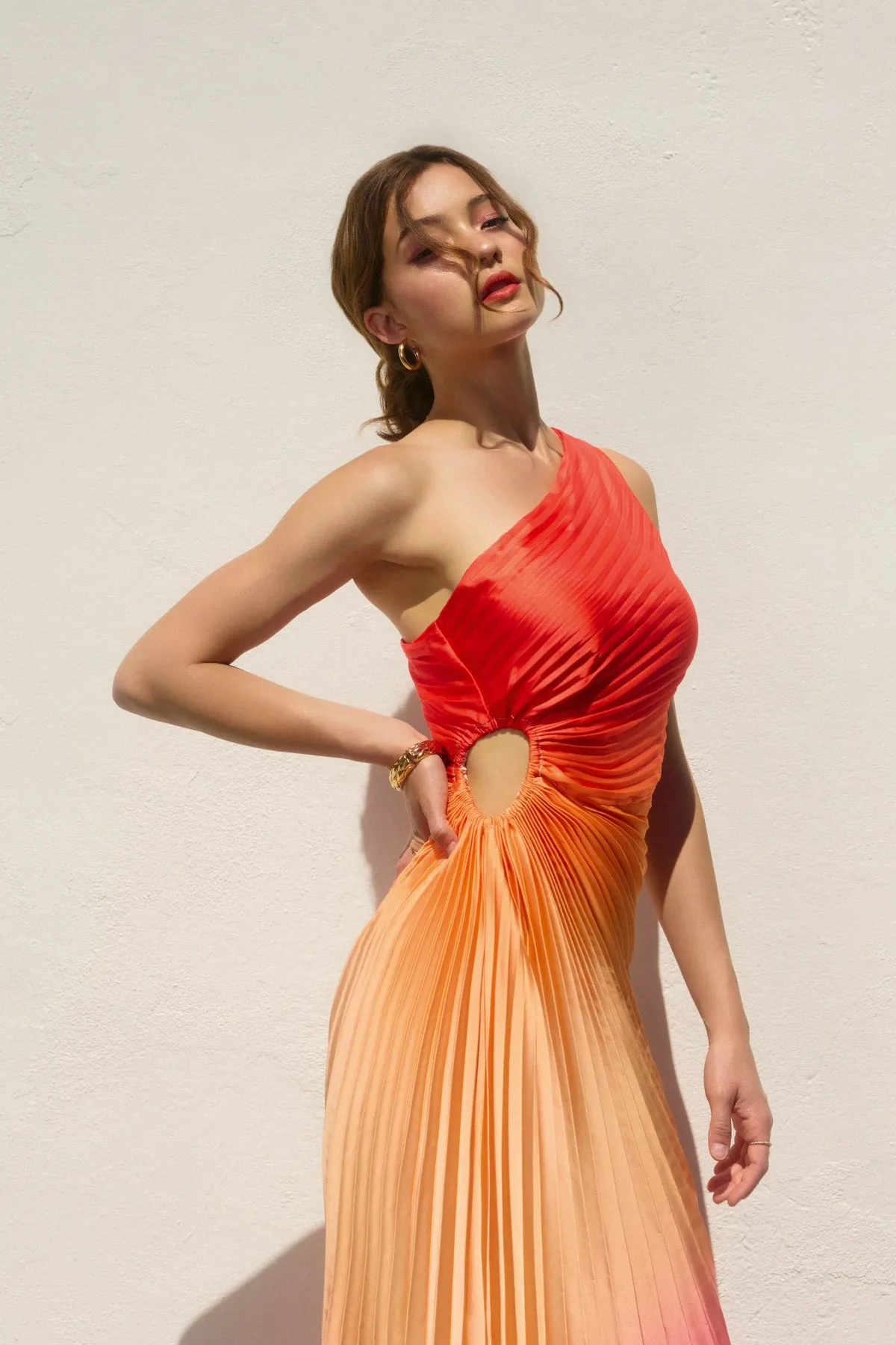 Lucia Ombre Asymmetrical Pleated Maxi Dress