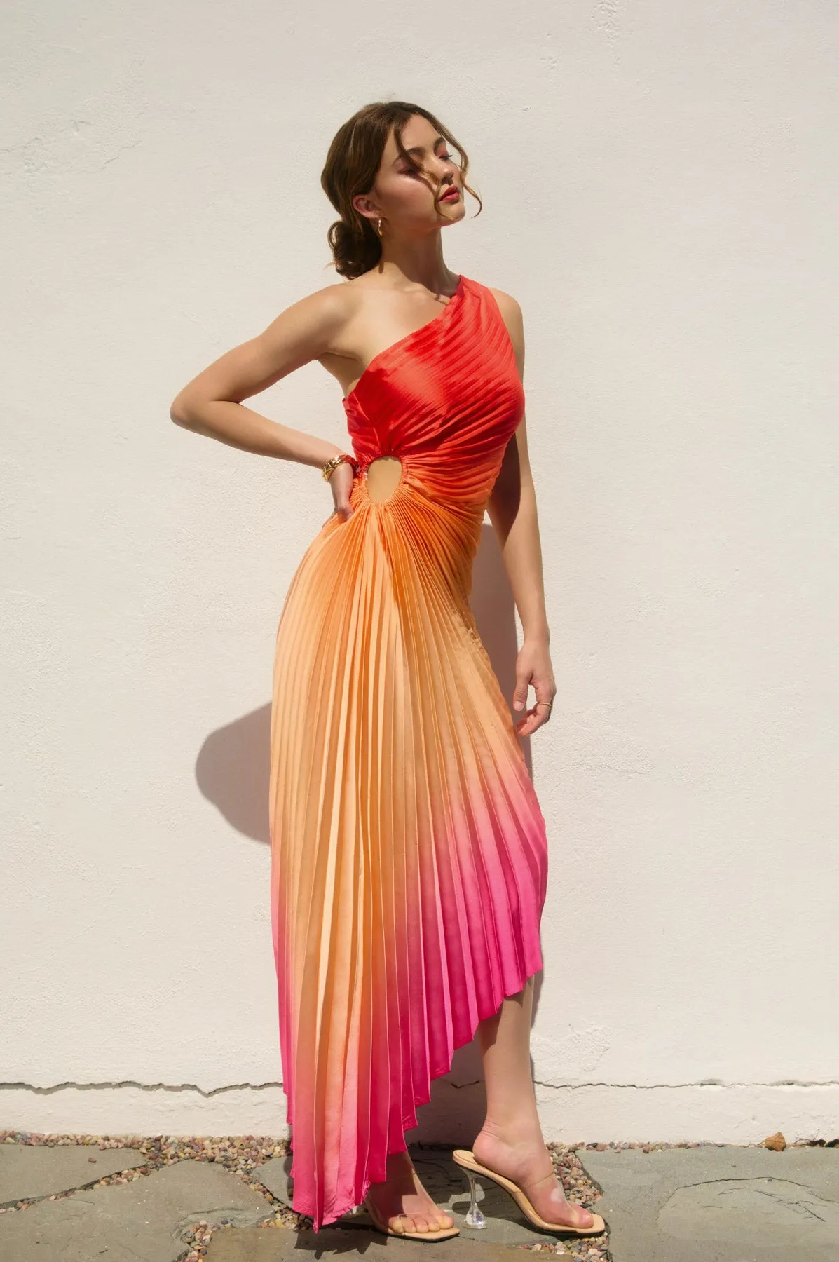 Lucia Ombre Asymmetrical Pleated Maxi Dress