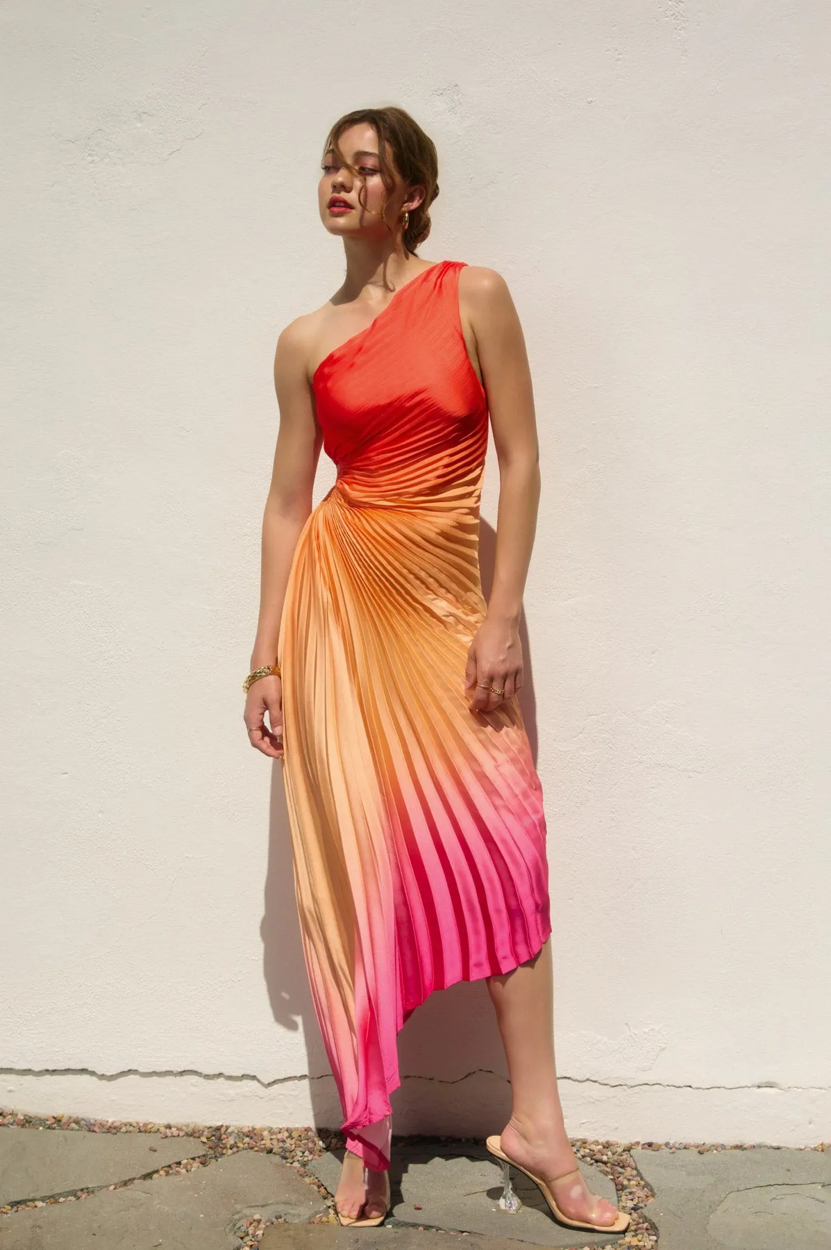 Lucia Ombre Asymmetrical Pleated Maxi Dress