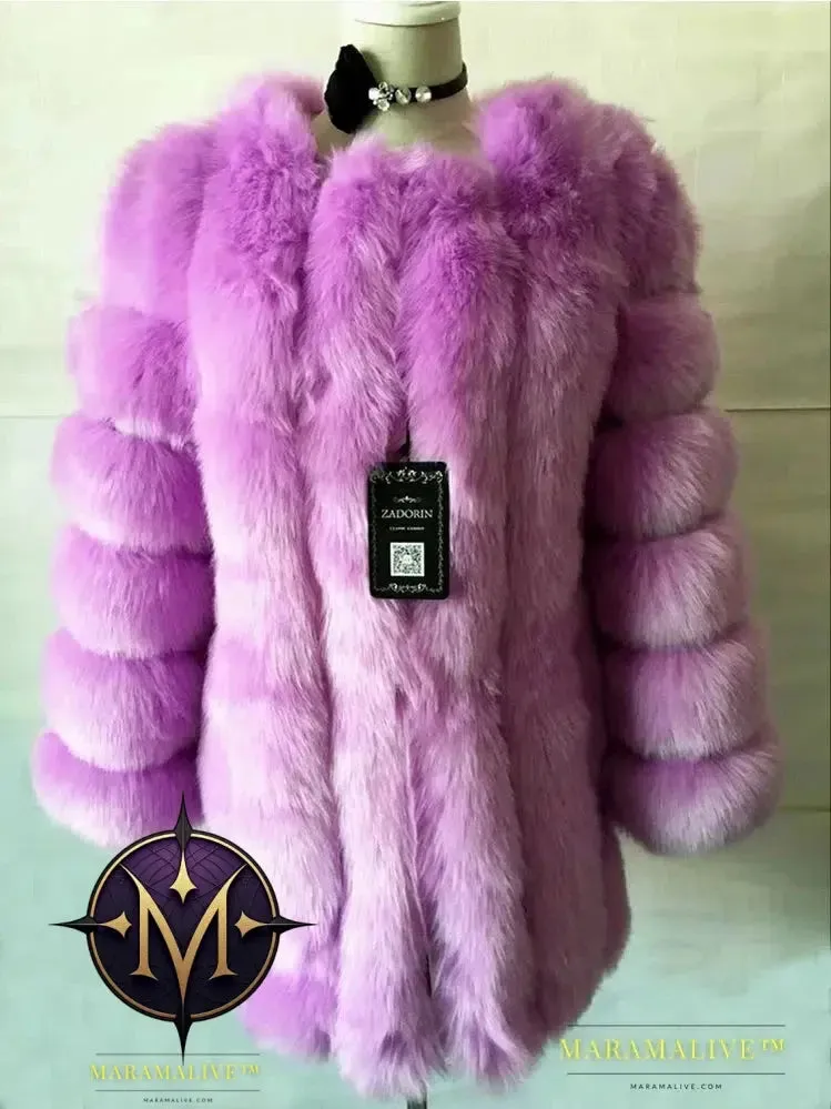 Luxury Faux Fox Fur Coat Slim Long Pink Red Blue Faux Fur Jacket Women Fake Fur Coats Manteau Fourrure