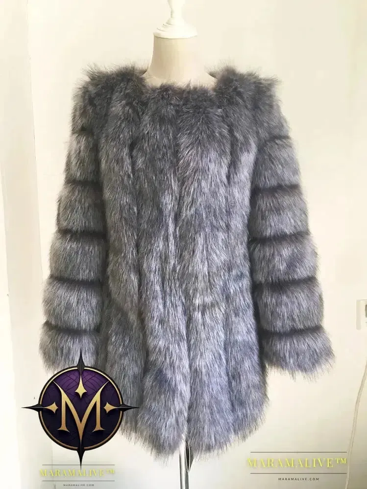 Luxury Faux Fox Fur Coat Slim Long Pink Red Blue Faux Fur Jacket Women Fake Fur Coats Manteau Fourrure