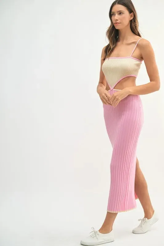 MABLE Ribbed Knit Color Block Cutout Midi Dress