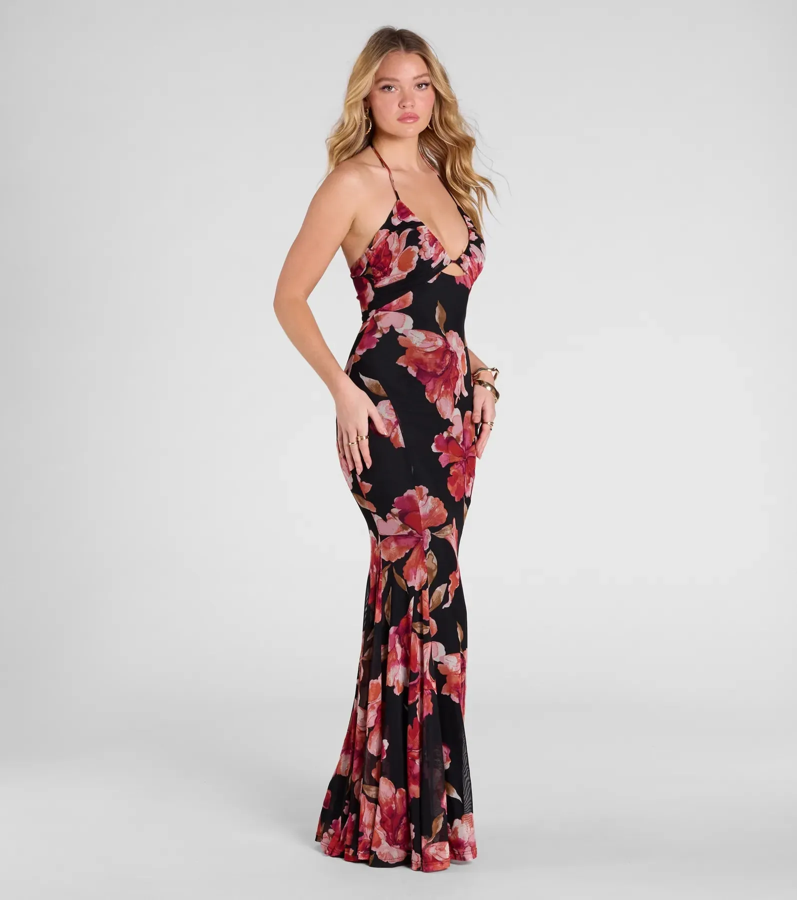 Malia Halter Mermaid Floral Mesh Formal Dress