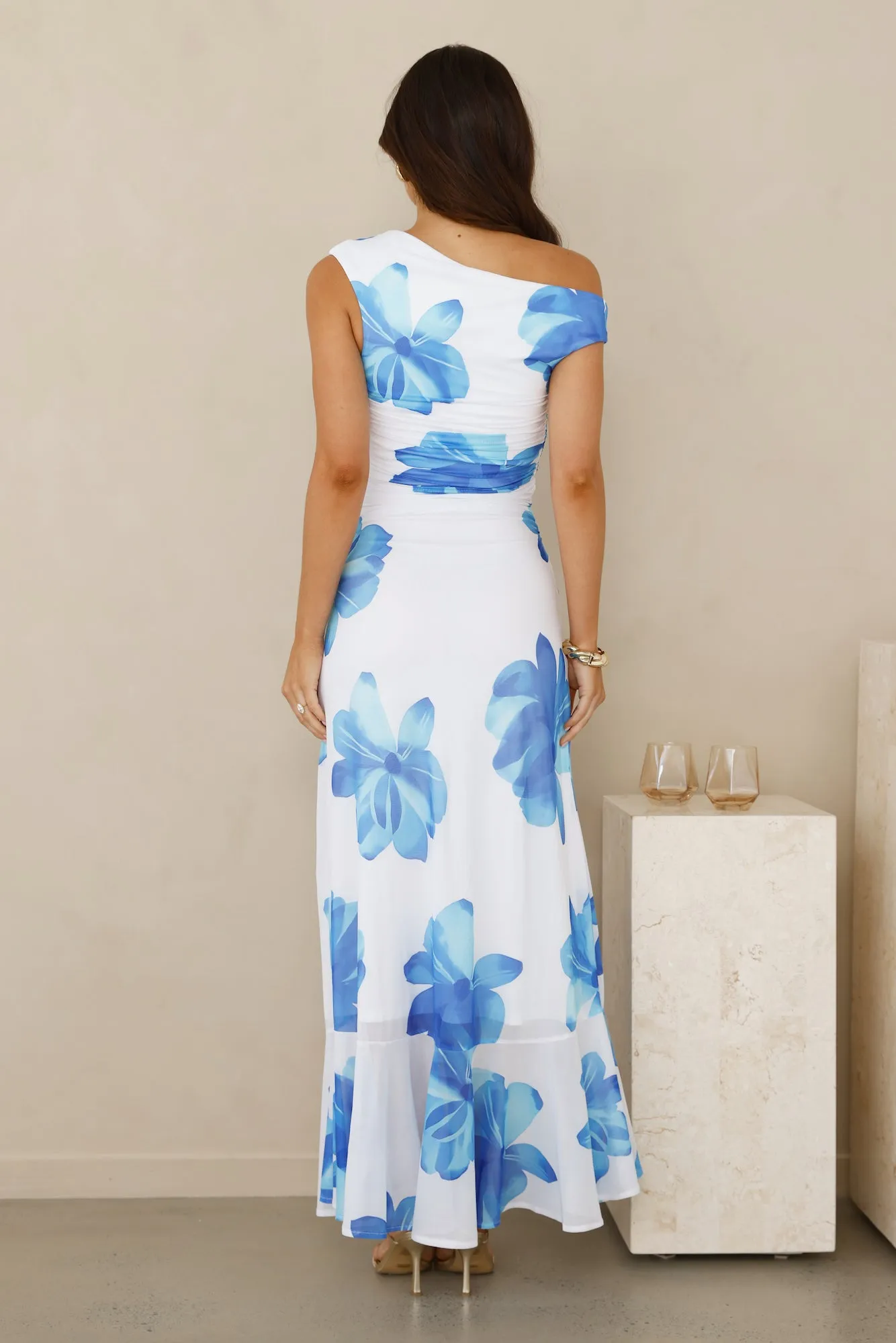 Masquerade Muse One Shoulder Mesh Maxi Dress Blue