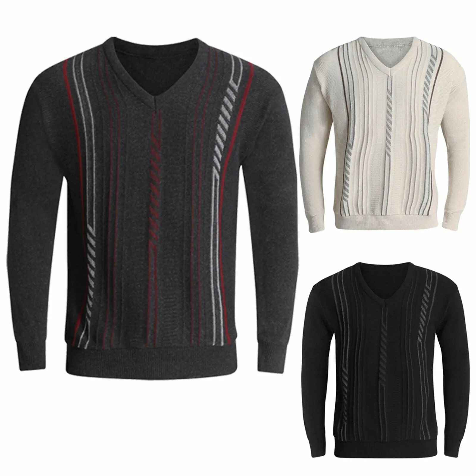 MENS JUMPERS V NECK CLASSIC CASUAL KNITTED STRIPED PULLOVER WITNER SWEATERS TOPS