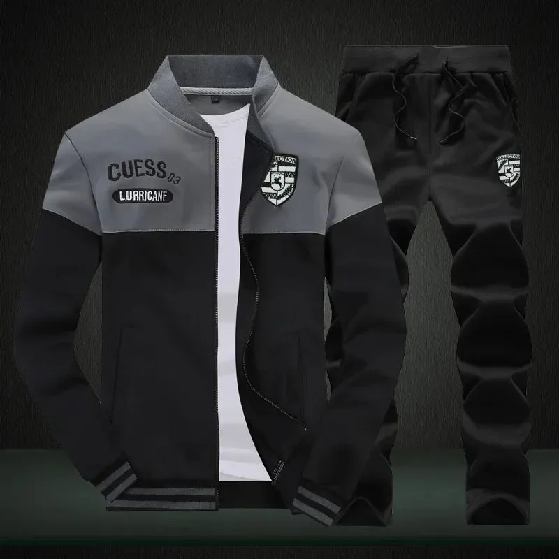 Men's Patchwork Hoodie & Sweatpants Set -  Slim Tracksuit