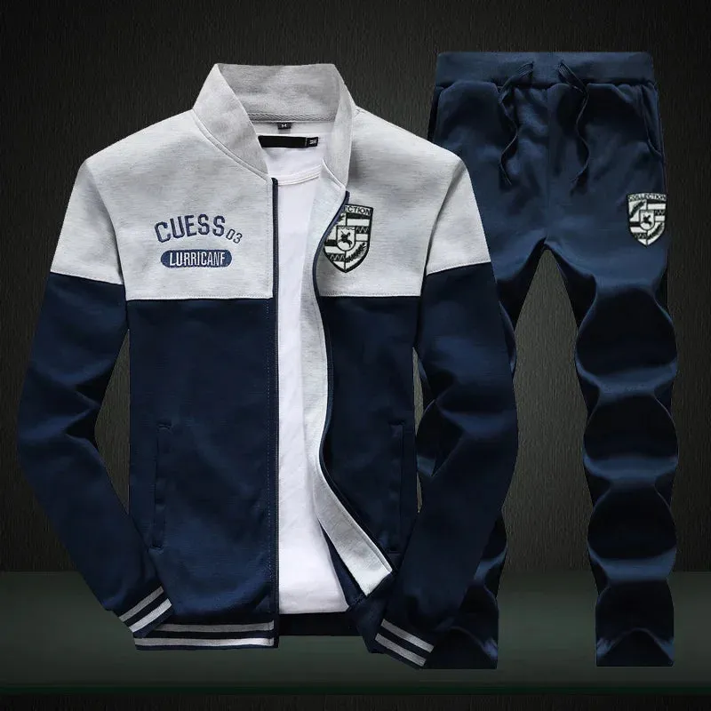 Men's Patchwork Hoodie & Sweatpants Set -  Slim Tracksuit