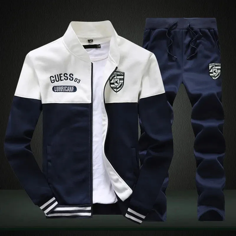 Men's Patchwork Hoodie & Sweatpants Set -  Slim Tracksuit