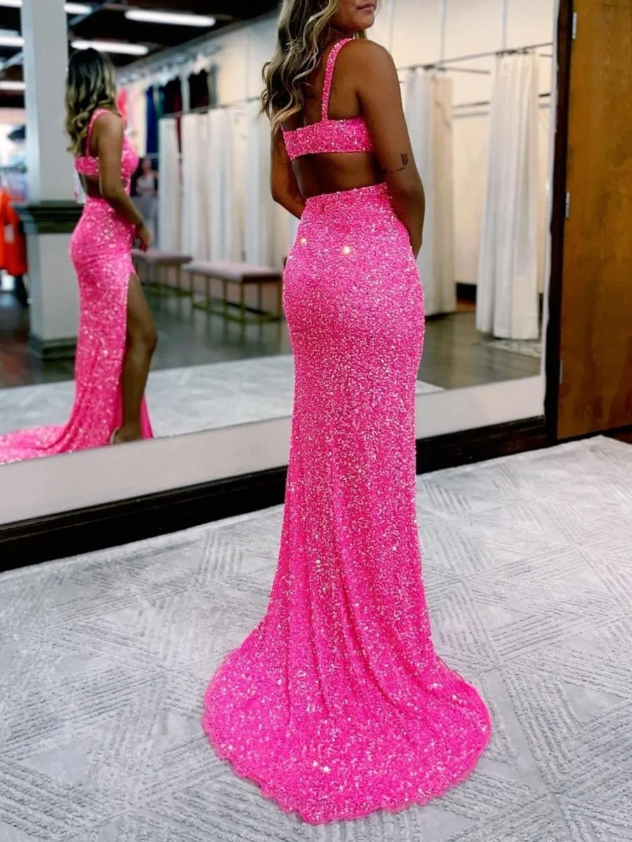 Mermaid V Neck Sequins Prom Dresses with Slit
