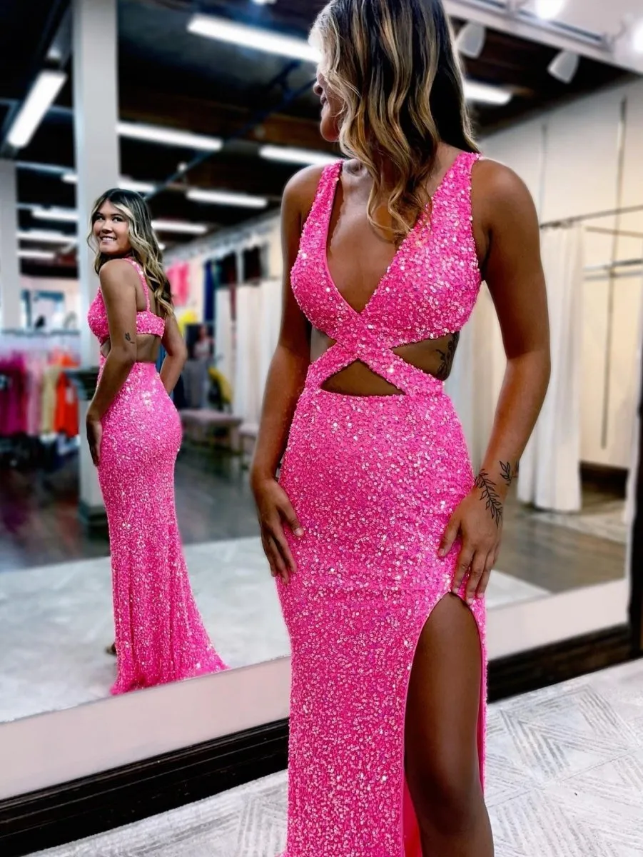Mermaid V Neck Sequins Prom Dresses with Slit