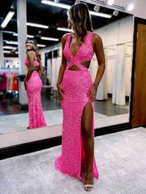 Mermaid V Neck Sequins Prom Dresses with Slit