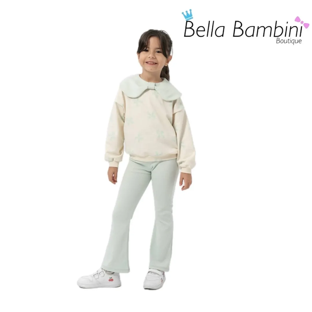 Mint Bow Print Top With Flared Legging Set 4Y-7Y