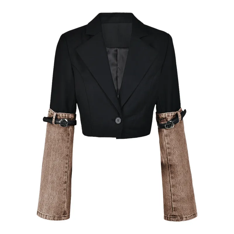Modern Contrast Color Patchwork Cropped Denim and Belted Jacket