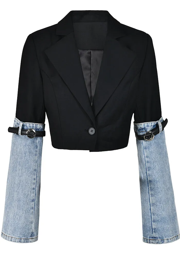 Modern Contrast Color Patchwork Cropped Denim and Belted Jacket