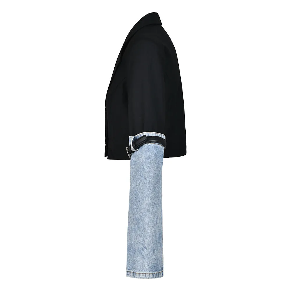 Modern Contrast Color Patchwork Cropped Denim and Belted Jacket