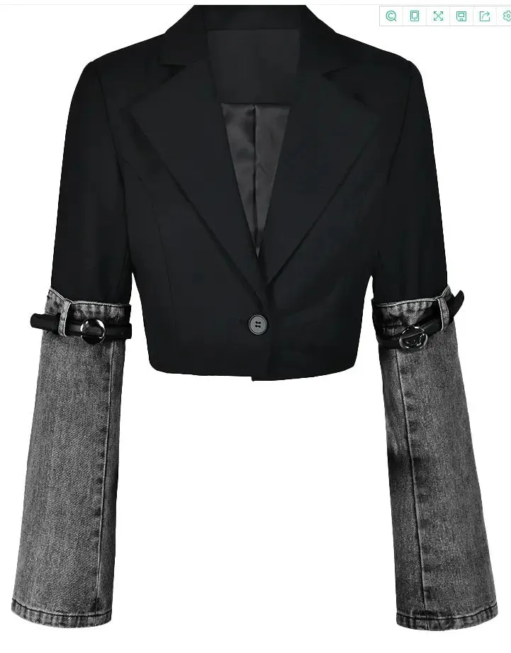 Modern Contrast Color Patchwork Cropped Denim and Belted Jacket