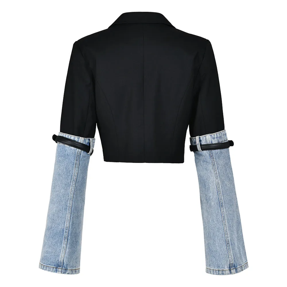Modern Contrast Color Patchwork Cropped Denim and Belted Jacket