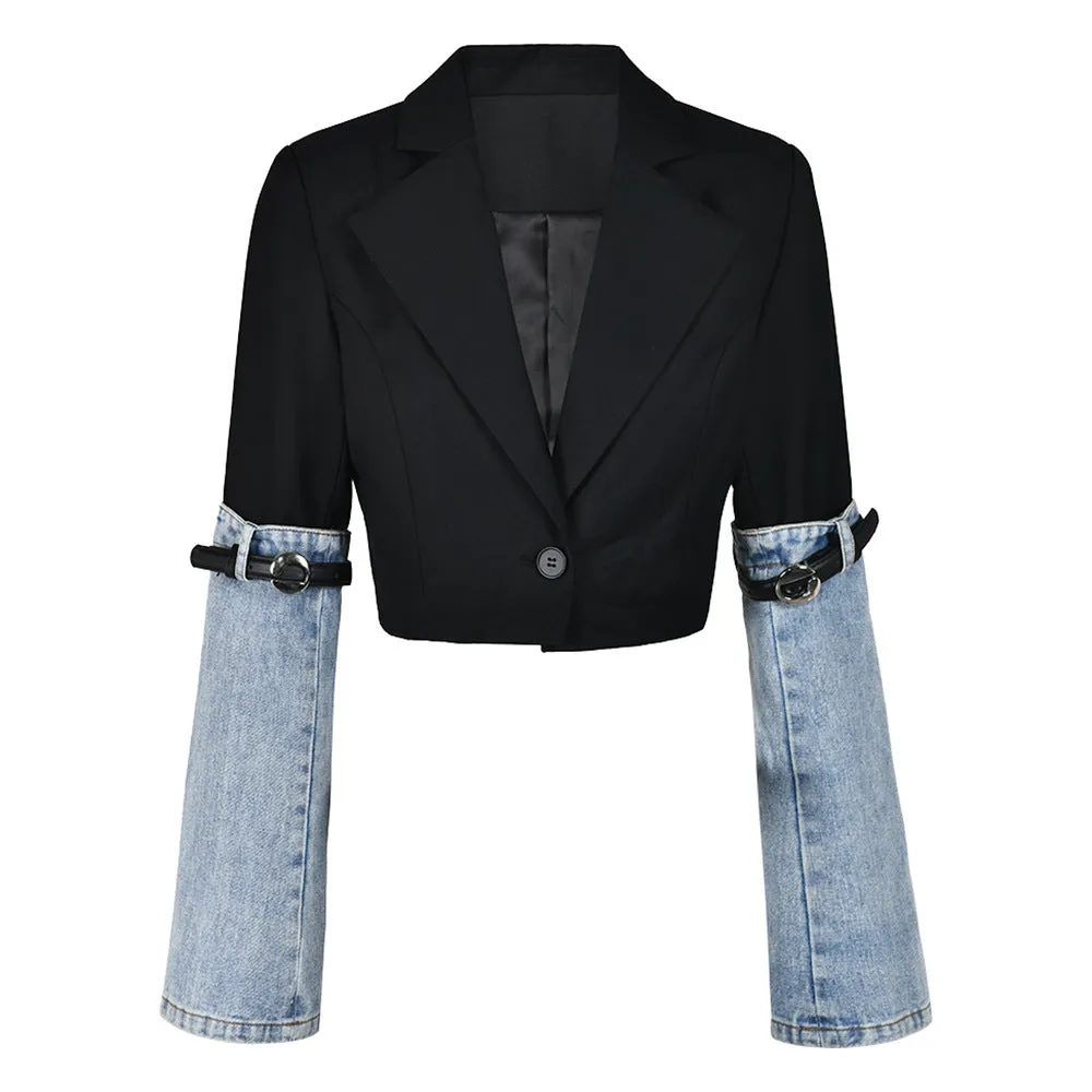 Modern Contrast Color Patchwork Cropped Denim and Belted Jacket