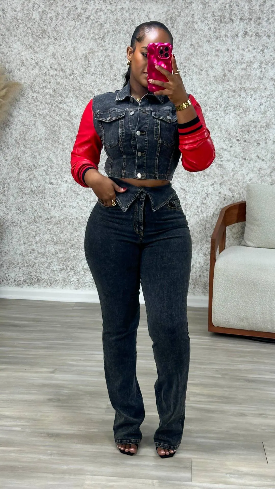 Modern Edge Denim and Faux Leather Patchwork Two-Piece Set
