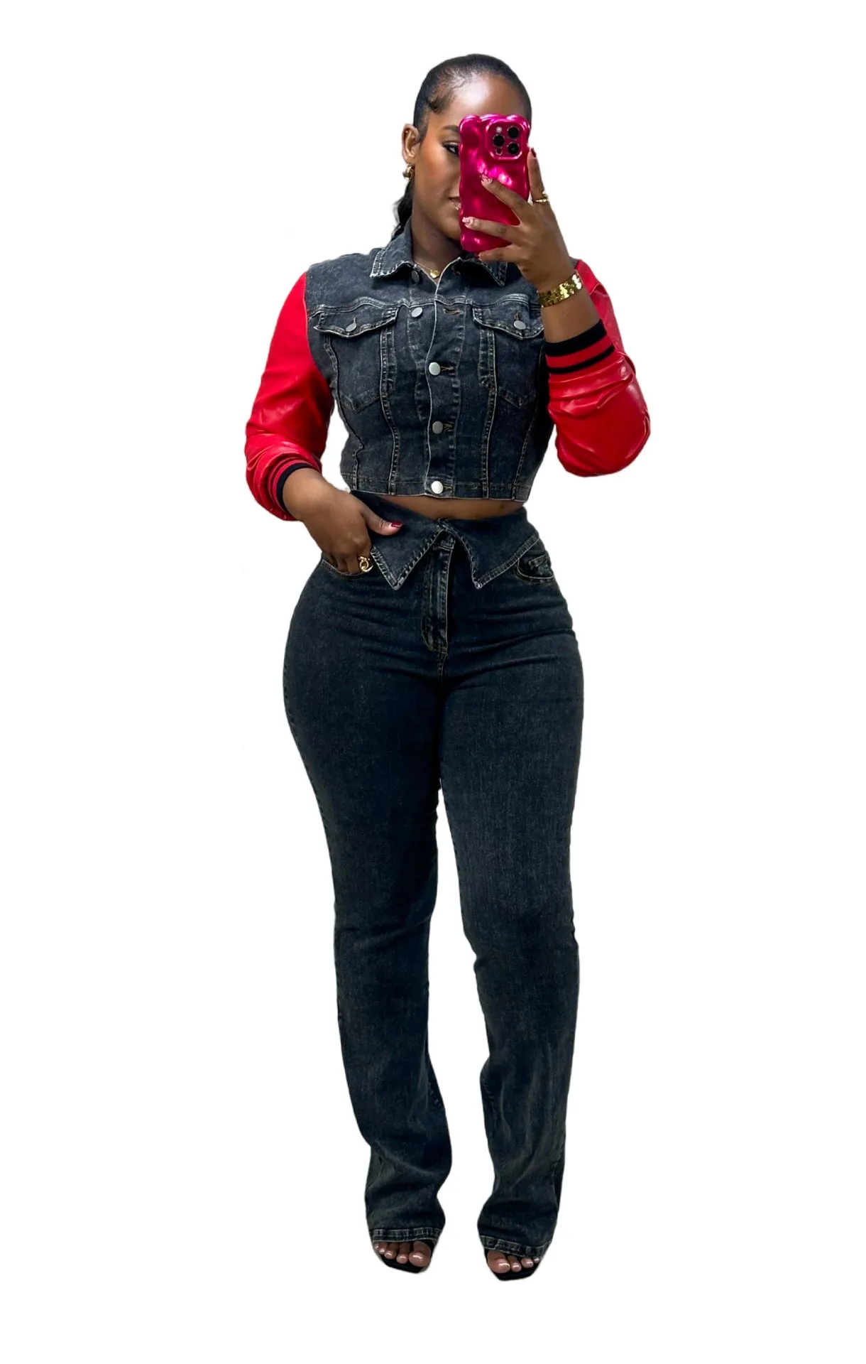 Modern Edge Denim and Faux Leather Patchwork Two-Piece Set