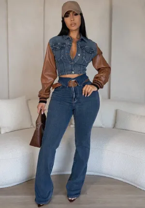 Modern Edge Denim and Faux Leather Patchwork Two-Piece Set
