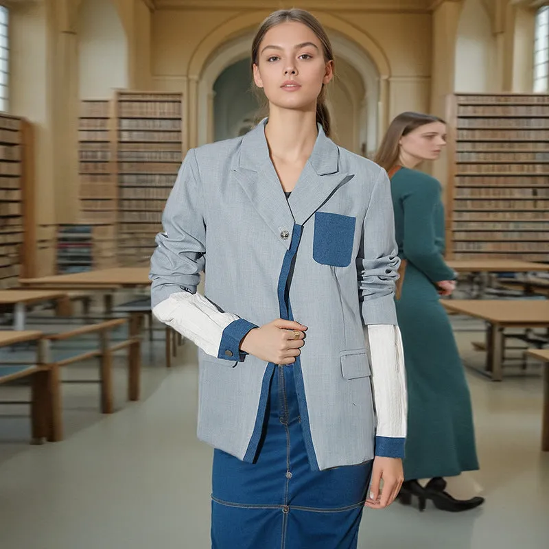 Modern Patchwork Denim-Style Two-Piece Look Blazer