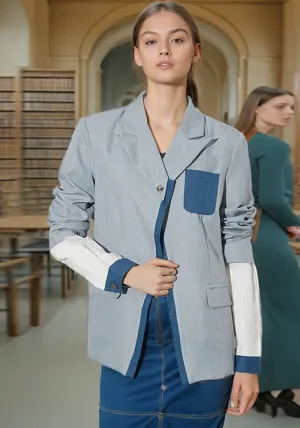Modern Patchwork Denim-Style Two-Piece Look Blazer