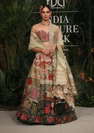 Multi patchwork green ombre lehenga set