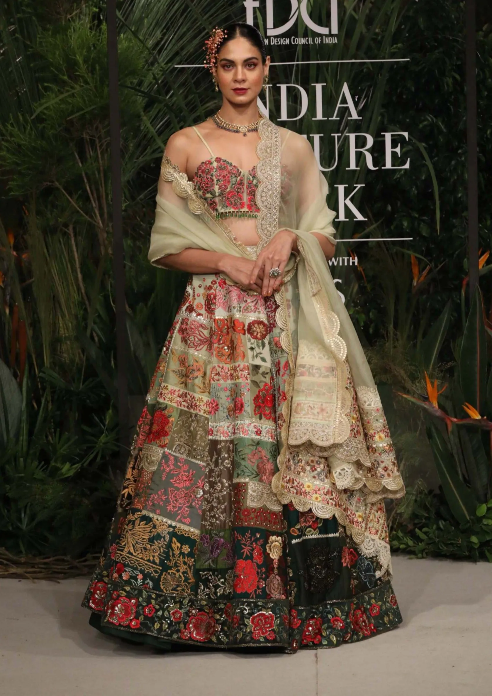 Multi patchwork green ombre lehenga set