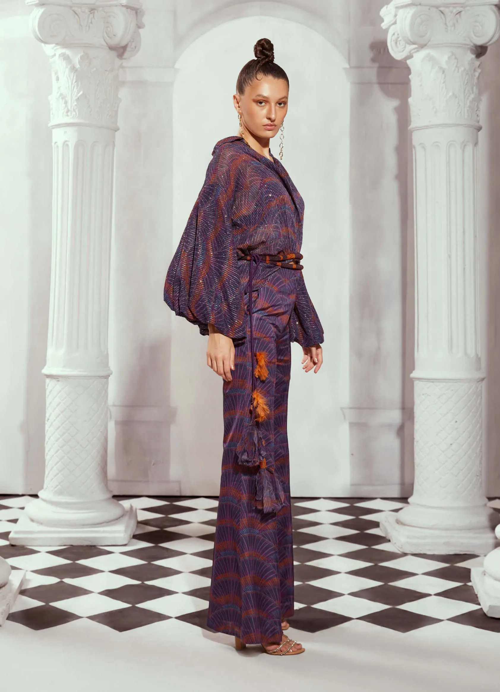 Multicolor greek art print flared trouser