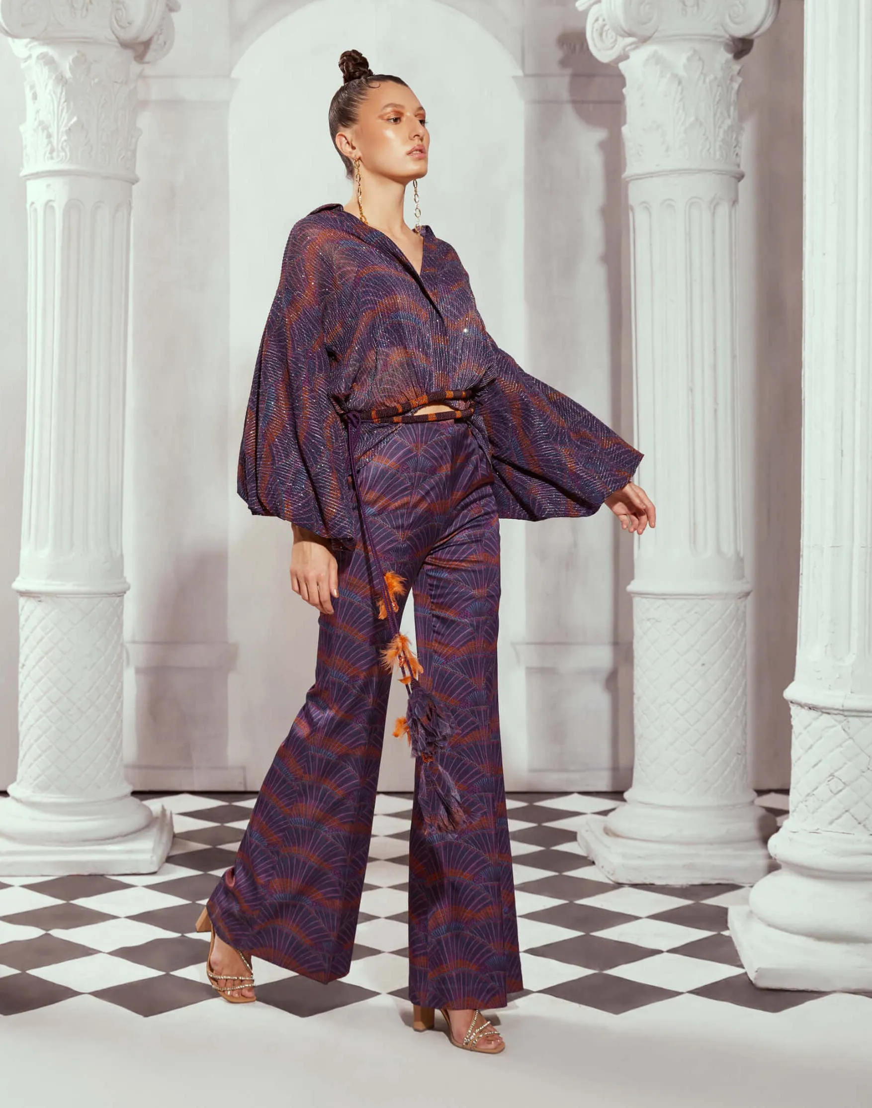 Multicolor greek art print flared trouser