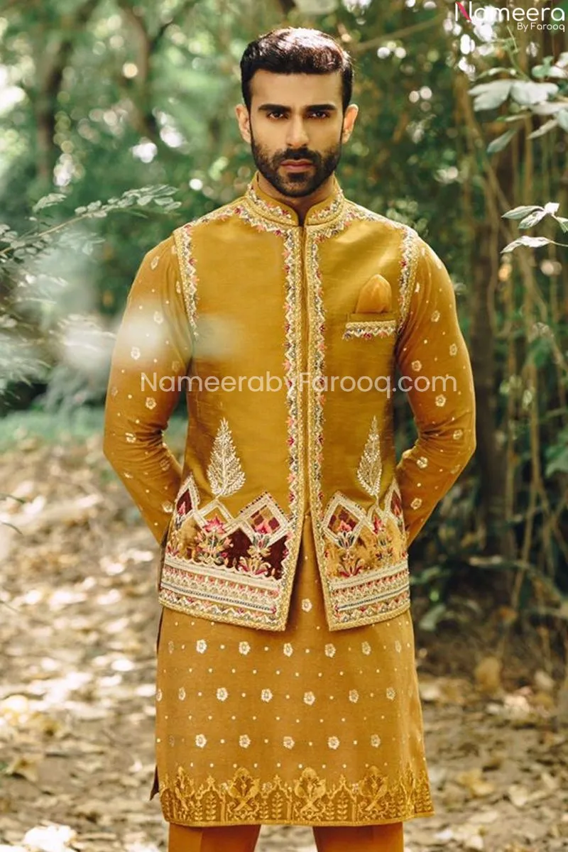 Mustard Waistcoat Kurta Designs for Men Sherwani #GN49