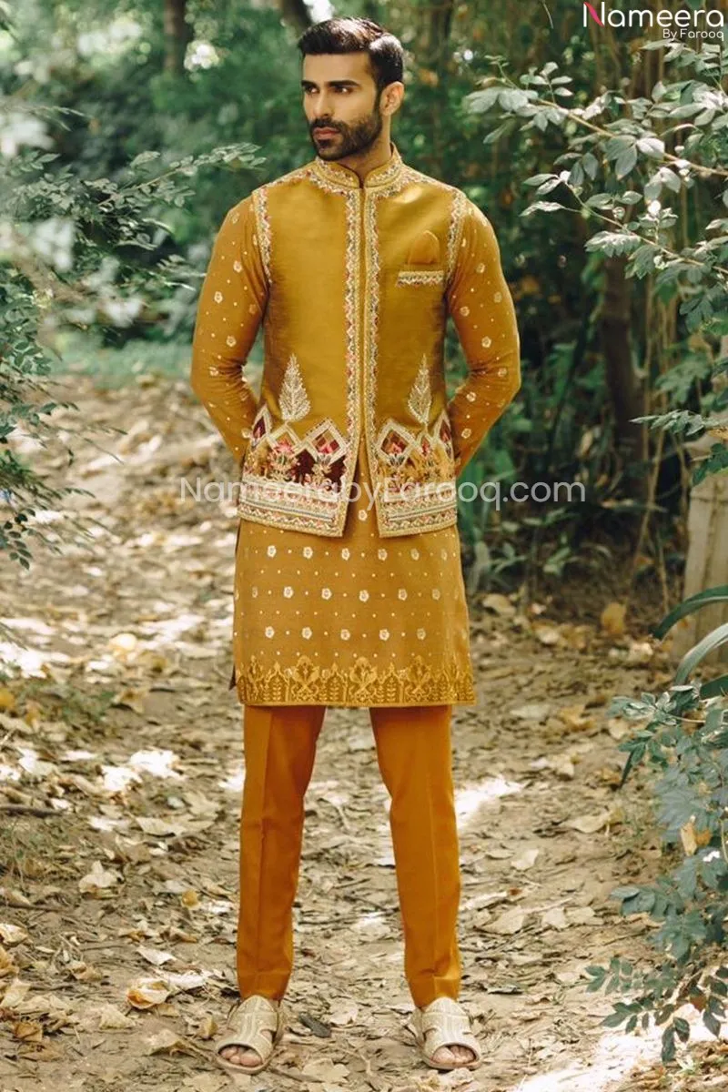 Mustard Waistcoat Kurta Designs for Men Sherwani #GN49