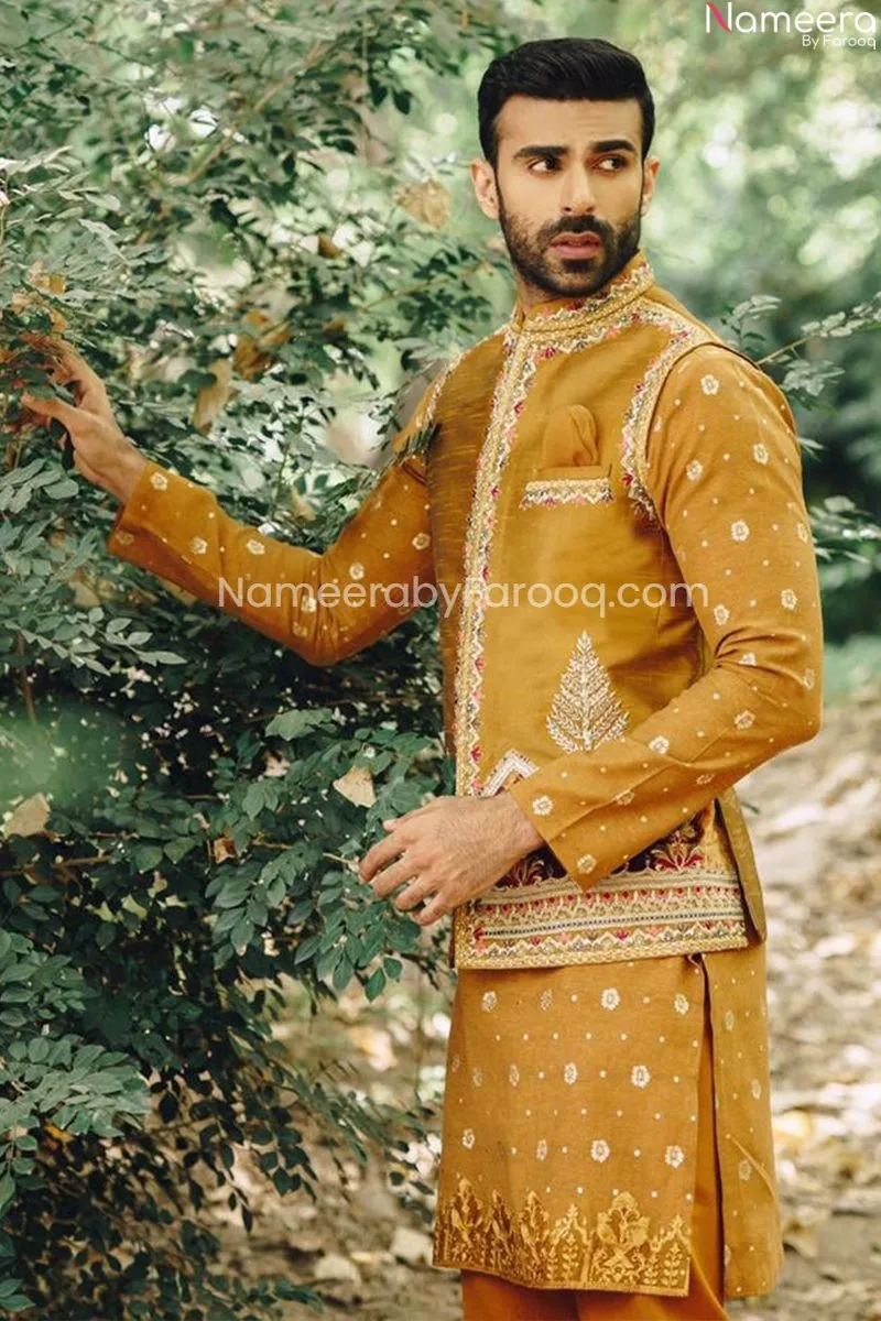 Mustard Waistcoat Kurta Designs for Men Sherwani #GN49