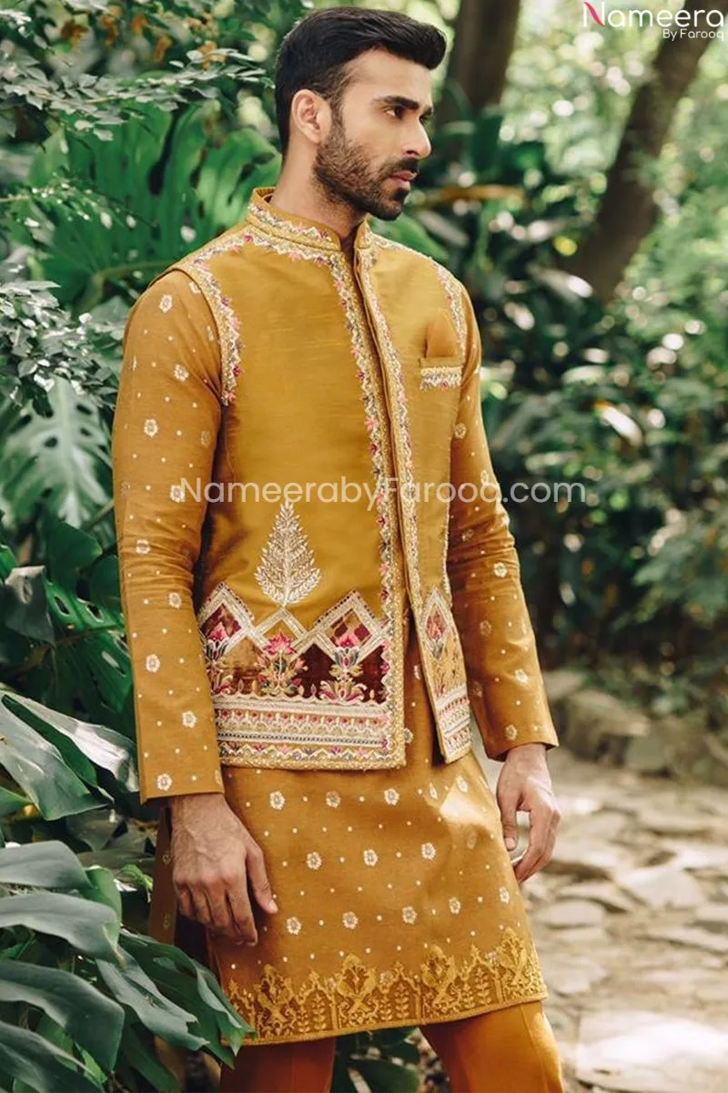 Mustard Waistcoat Kurta Designs for Men Sherwani #GN49