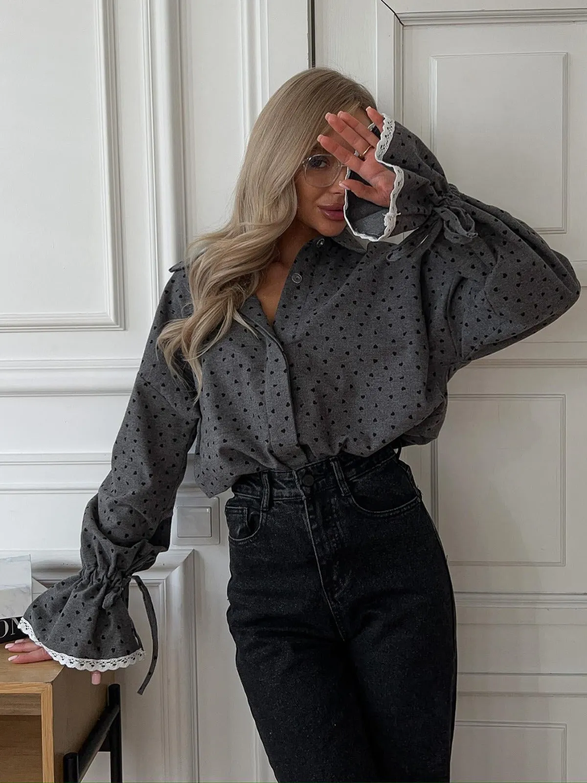 New Women's Shirt with Lace Patchwork on Cuffs, Designer Fashion Loose Polka Dot Lapel Long Sleeve Shirt for Autumn.C-241018-7