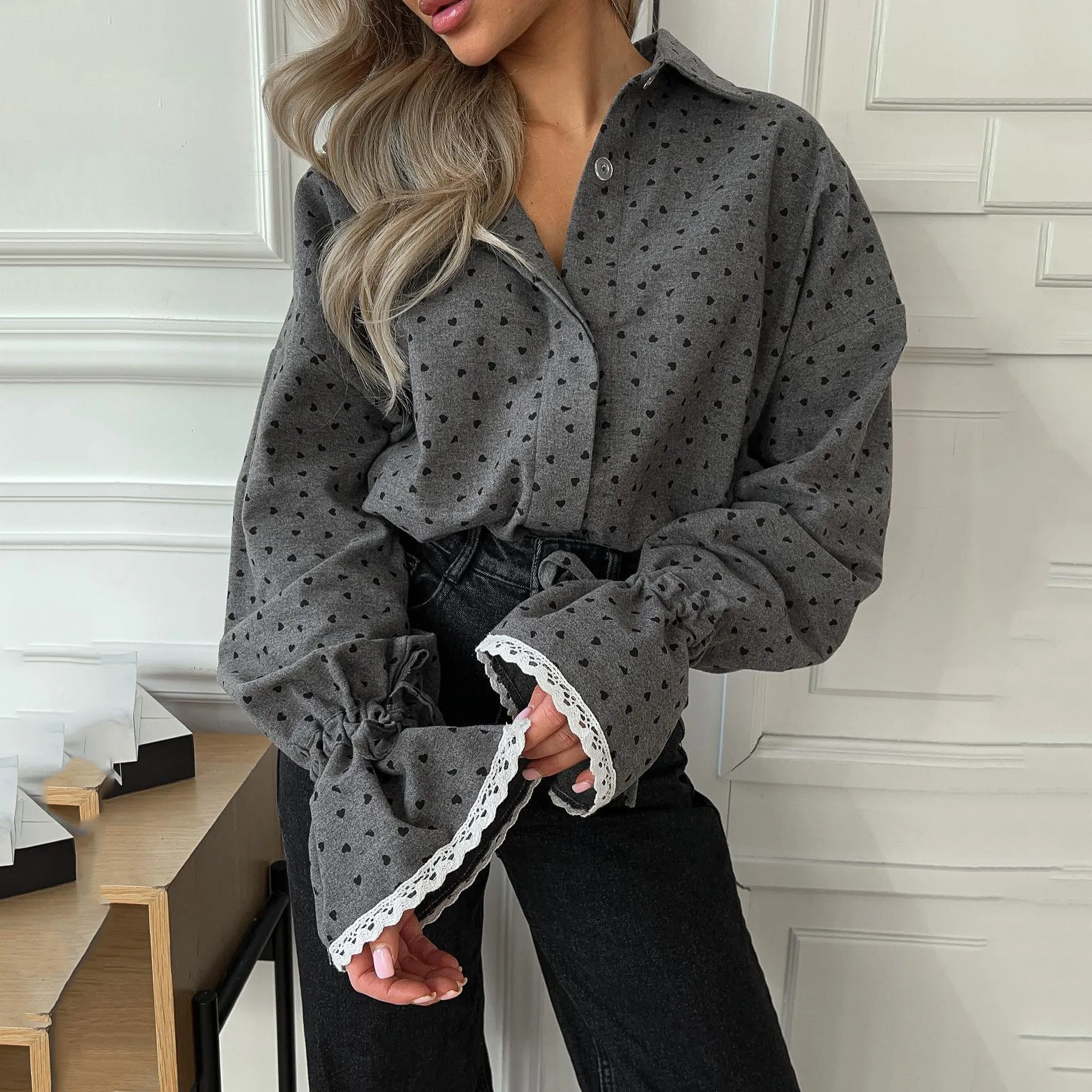 New Women's Shirt with Lace Patchwork on Cuffs, Designer Fashion Loose Polka Dot Lapel Long Sleeve Shirt for Autumn.C-241018-7