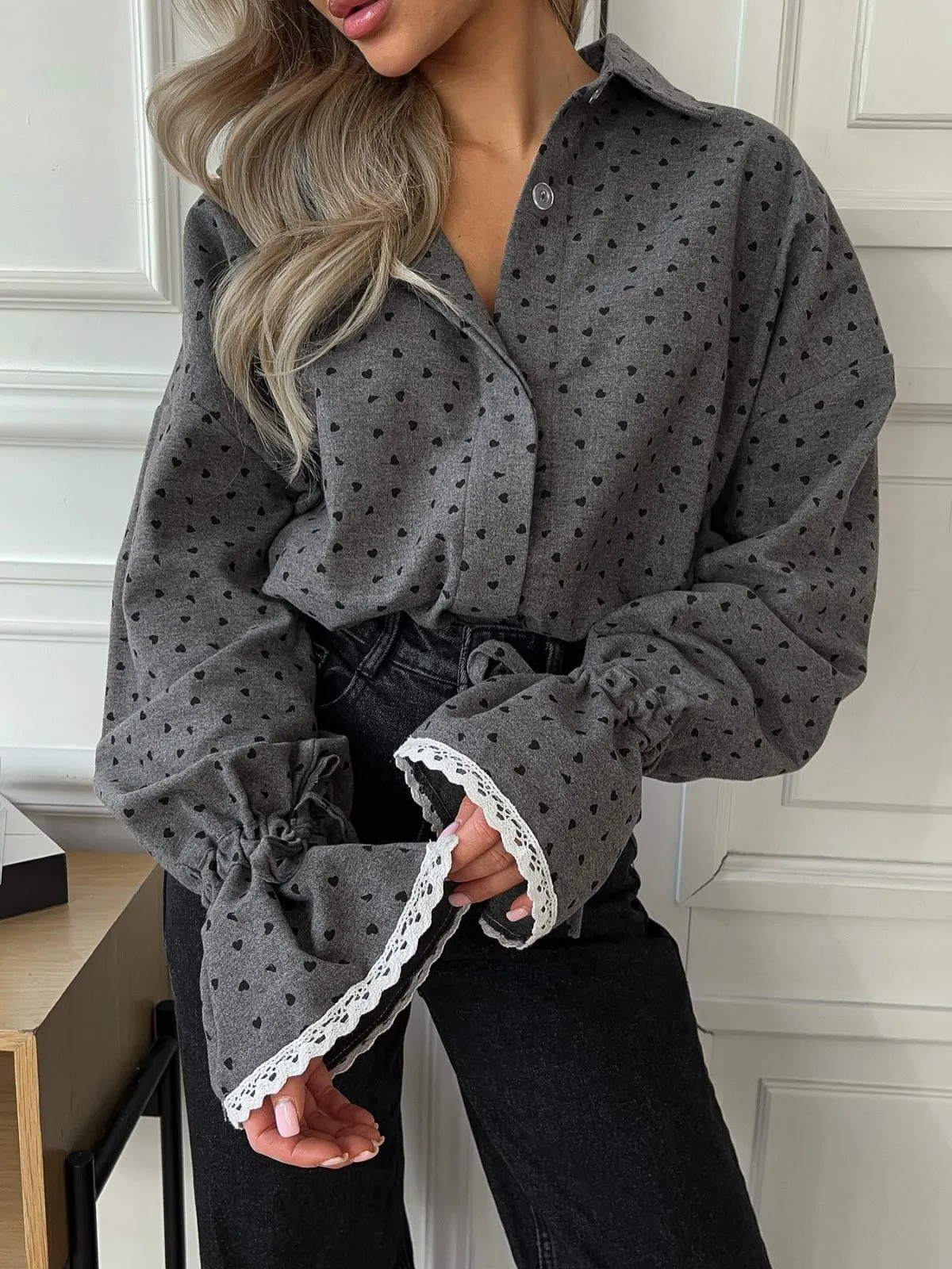 New Women's Shirt with Lace Patchwork on Cuffs, Designer Fashion Loose Polka Dot Lapel Long Sleeve Shirt for Autumn.C-241018-7
