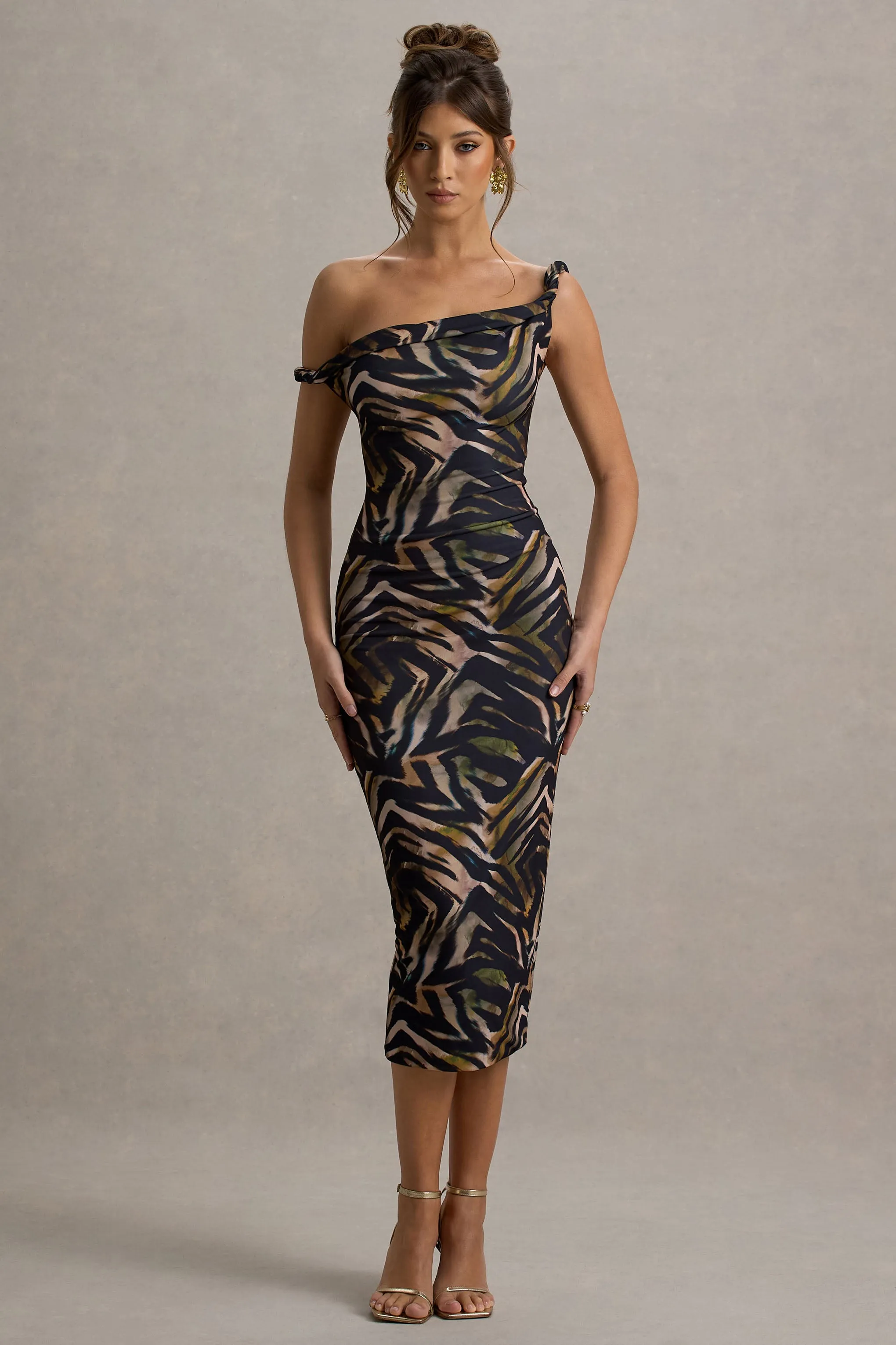 Nora | Zebra Print Twisted Asymmetric Midi Dress