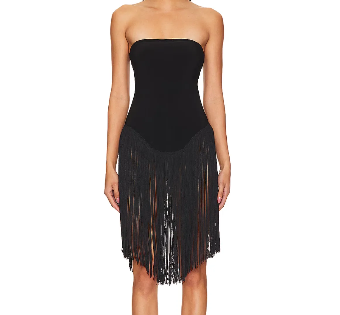 Norma Kamali Black 18" Fringe Bishop Strapless Mini Dress UK XS
